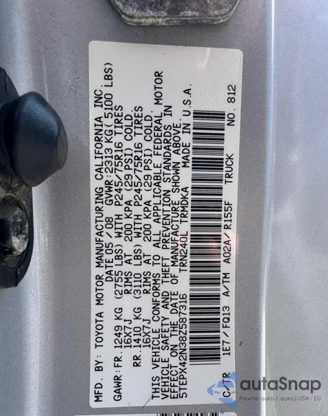 2008 Toyota Tacoma z USA, uszkodzony, nr VIN 5TEPX42N38Z587316